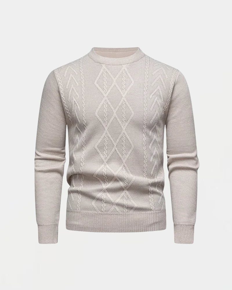 Beiger Strickpullover mit Zopfmuster, Rundhalsausschnitt und langen Ärmeln. Elegantes Design, ideal für Herbst- und Wintermode.