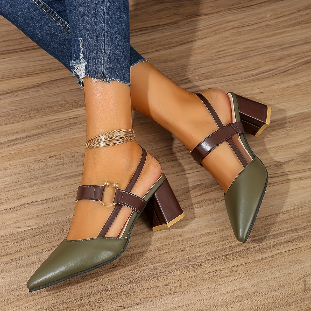 Damen Slingback Heels Spitzzehen Blockabsatz Schnalle