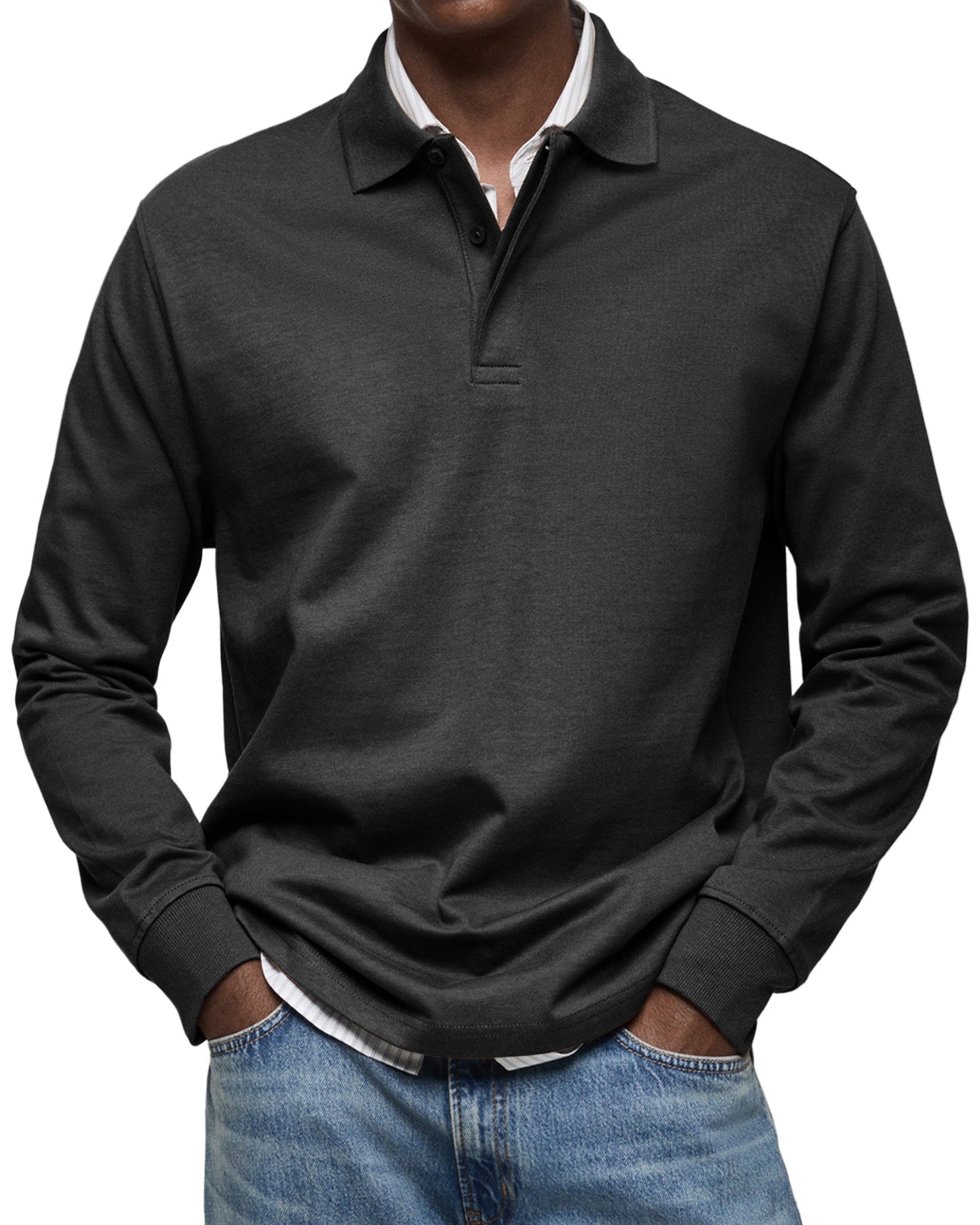 Herren Langarm-Poloshirt Mit Strukturkragen Und Knopfleiste
