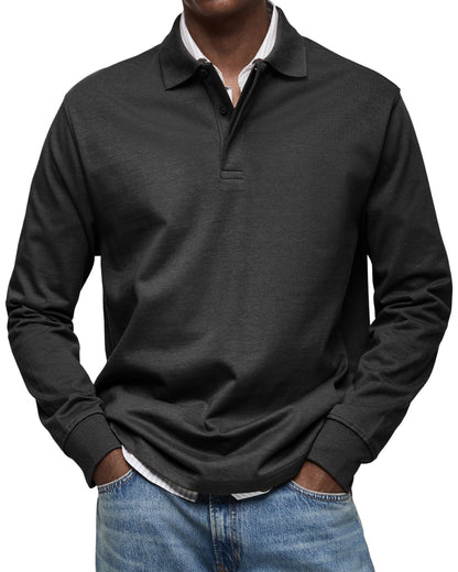 Herren Langarm-Poloshirt Mit Strukturkragen Und Knopfleiste