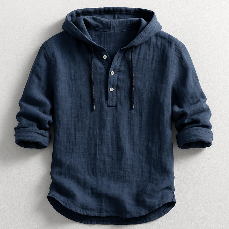 Dunkelblaues Leinen-Hemd mit Kapuze, Knopfleiste und hochgekrempelten Ärmeln. Stilvolle Herrenmode, ideal für lässige Outfits.