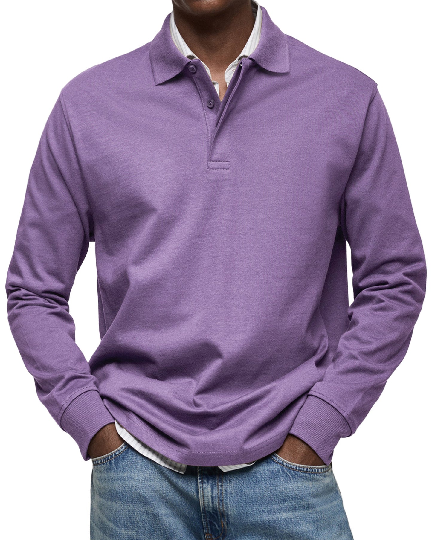 Herren Langarm-Poloshirt Mit Strukturkragen Und Knopfleiste