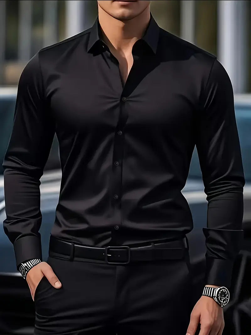 Schwarzes Hemd Herrenmode, eleganter Look, Mann in stilvoller schwarzer Kleidung, modernes Design, Business-Outfit, modische Herrenbekleidung.