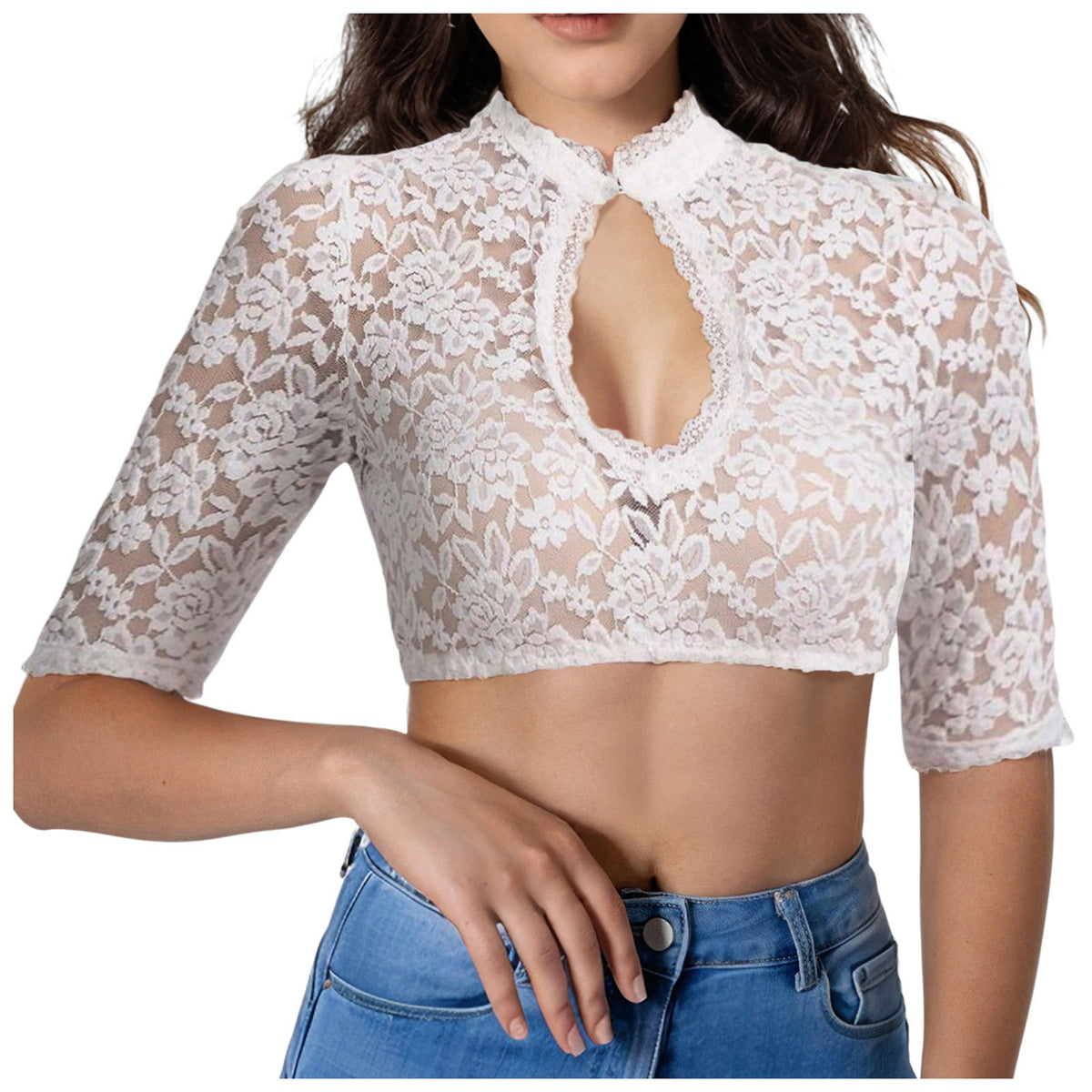 Dirndlbluse Damen Oktoberfest | Trachtenbluse mit Spitze V-Ausschnitt