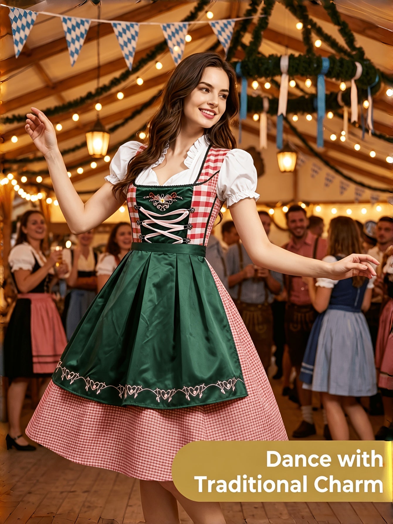 Damen München Oktoberfest Kariertes Jacquardkleid, Dirndl Kostüm für Oktoberfest