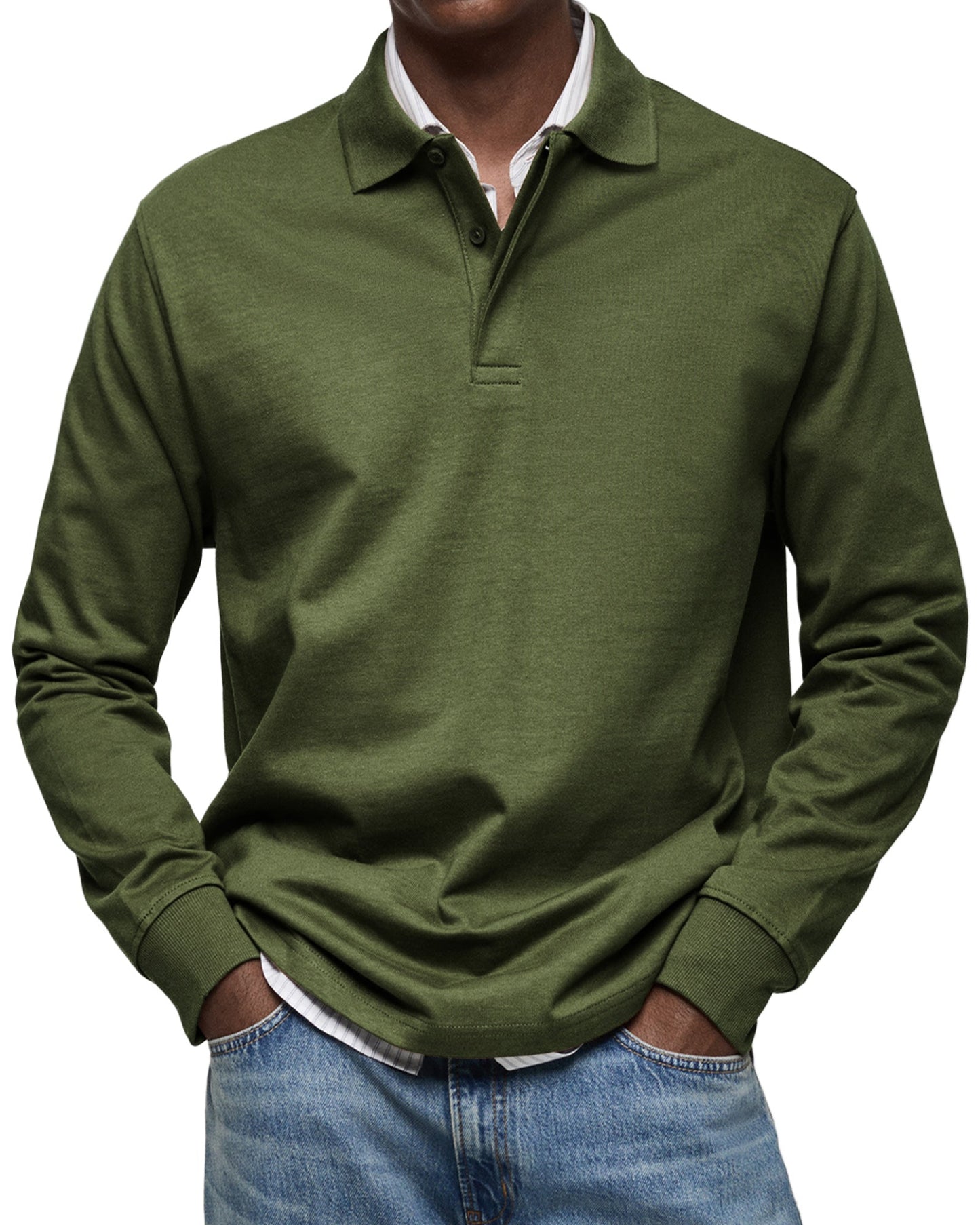 Herren Langarm-Poloshirt Mit Strukturkragen Und Knopfleiste
