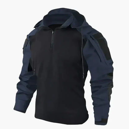 Schwarzer taktischer Hoodie mit Reißverschluss und verstellbarer Kapuze, ideal für Outdoor-Aktivitäten, Wandern und Camping. Robustes Design.