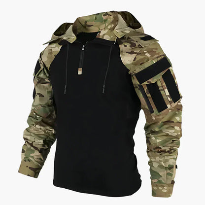 Taktisches Combat-Shirt mit Tarnmuster, langen Ärmeln und Reißverschluss. Ideal für Outdoor-Aktivitäten, Militär und Airsoft. Robustes Design.