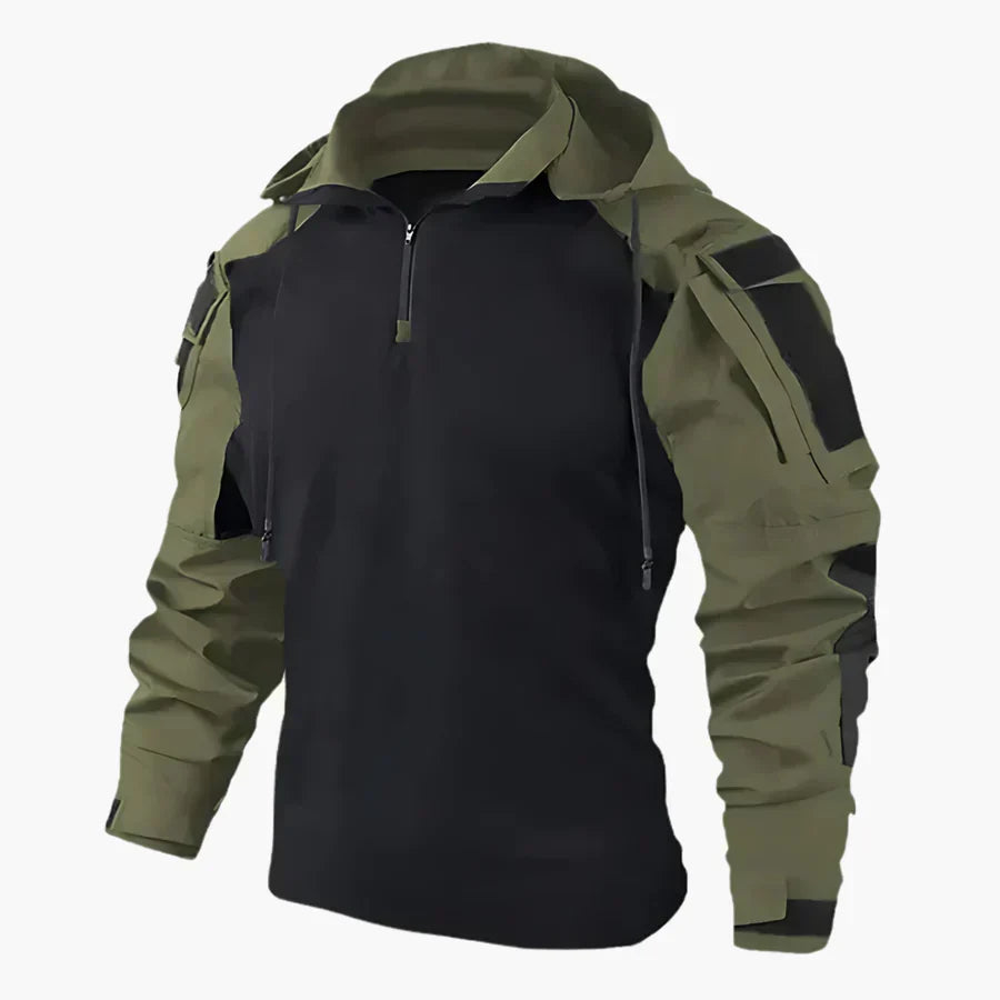 Schwarzes und olivgrünes taktisches Hoodie mit Reißverschluss, verstellbaren Ärmeln und Kapuze. Outdoor-Bekleidung, ideal für Wandern und Camping.