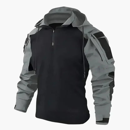 Schwarzer und grauer taktischer Hoodie mit Kapuze, Reißverschluss und mehreren Taschen. Outdoor-Bekleidung, funktional und stilvoll für Abenteuer.
