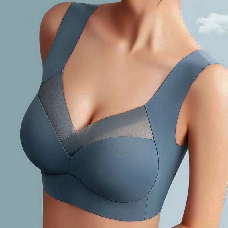 Damen-BH in Grau mit V-Ausschnitt und transparentem Mesh-Einsatz, nahtloses Design, bequem und stilvoll, ideal für den täglichen Gebrauch.