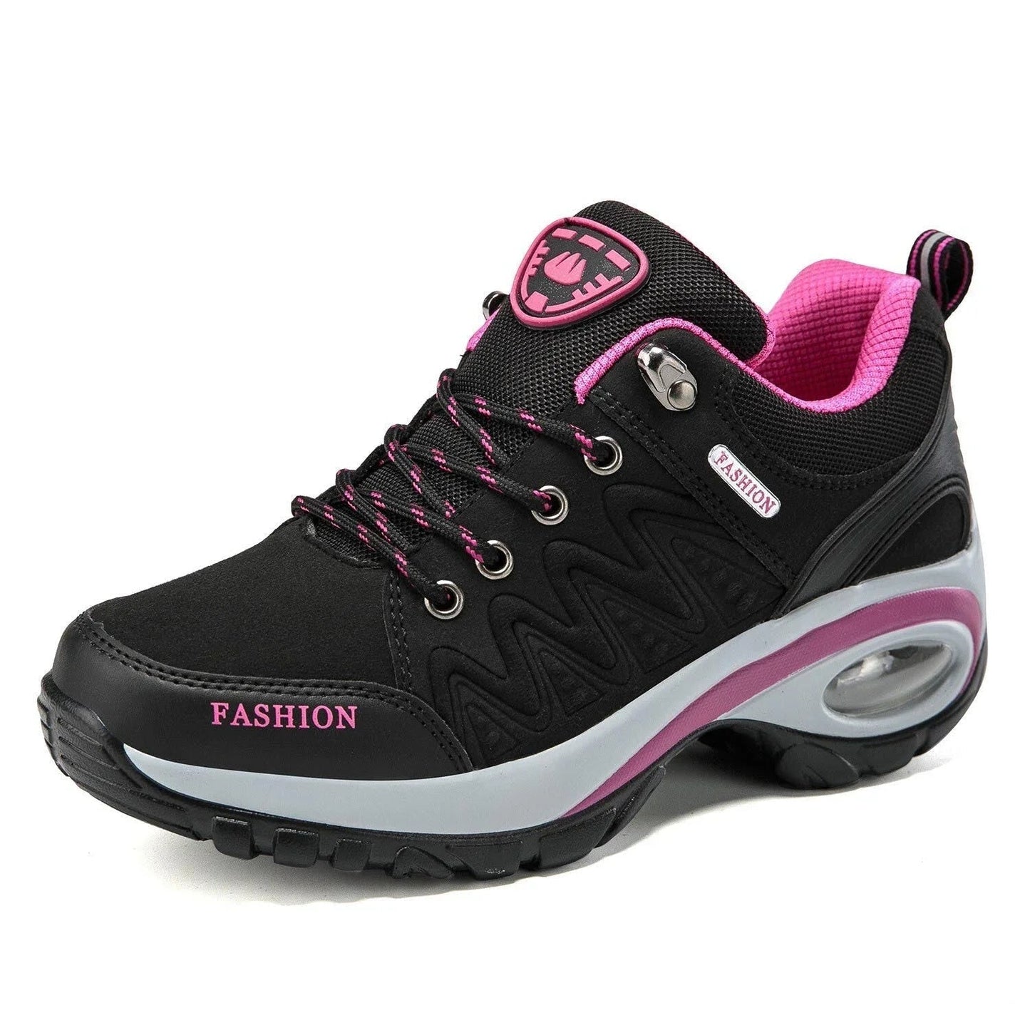 Schwarzer Damen-Sneaker mit pinken Akzenten, atmungsaktivem Mesh, rutschfester Sohle und modischem Design. Ideal für Sport und Freizeit.