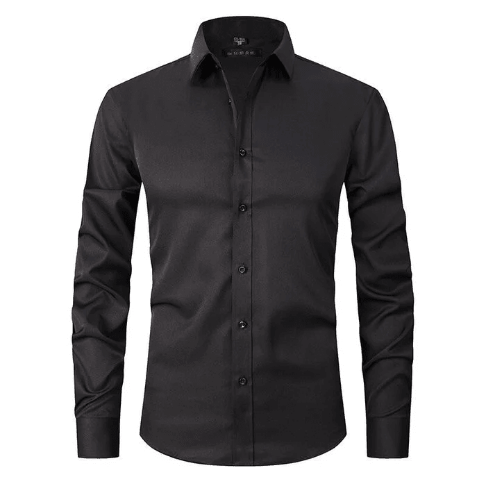 Schwarzes Herrenhemd, langärmelig, klassischer Kragen, Knopfleiste, elegantes Design, ideal für Business und formelle Anlässe.