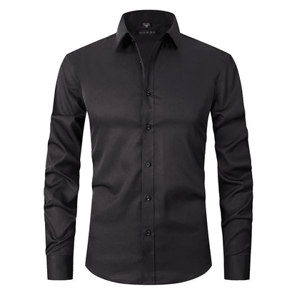 Schwarzes Herrenhemd, langärmelig, klassischer Kragen, Knopfleiste, elegantes Design, ideal für Business und formelle Anlässe.