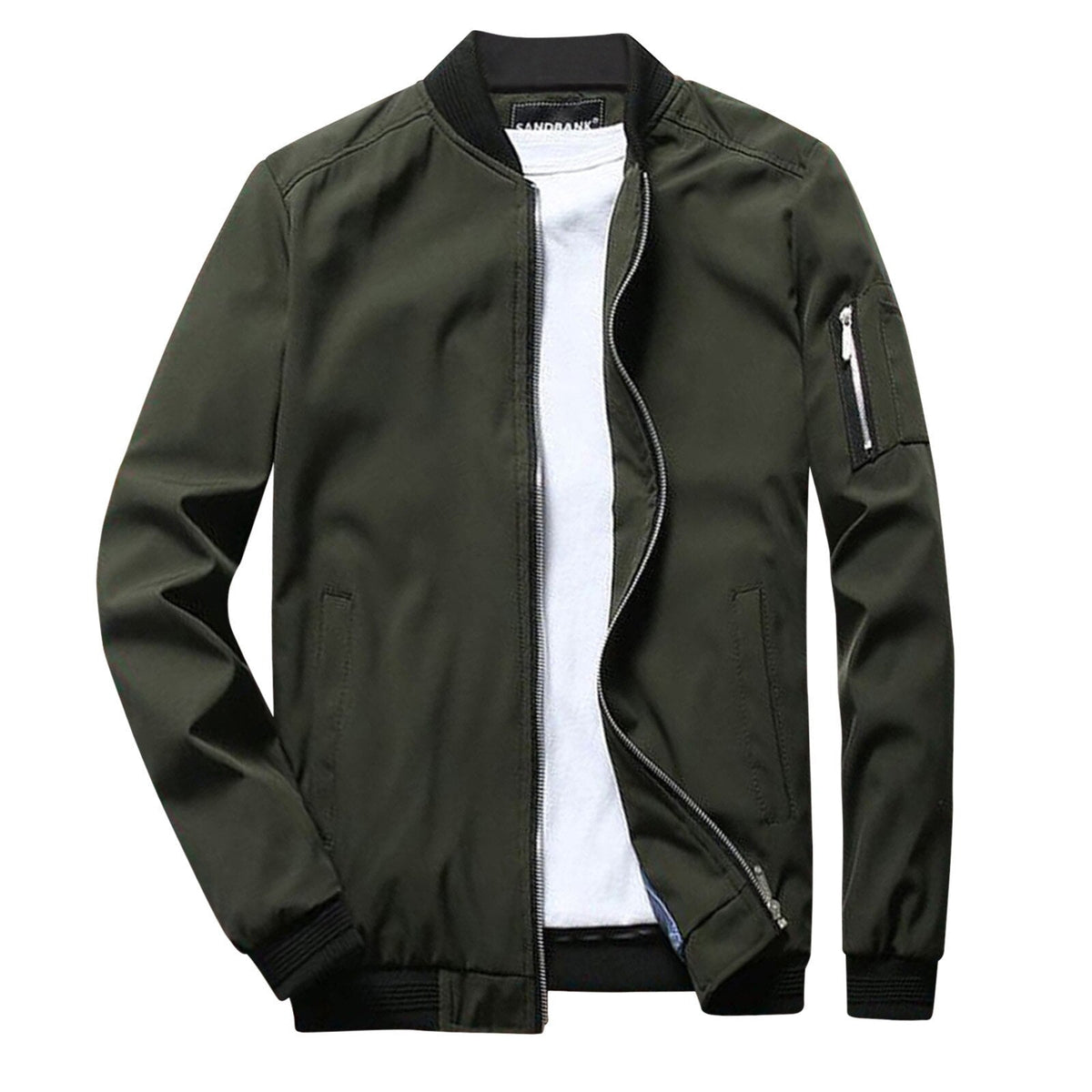 Dunkelgrüne Bomberjacke für Herren, Reißverschluss, seitliche Taschen, modisch, lässig, ideal für Herbst und Frühling, vielseitig kombinierbar.