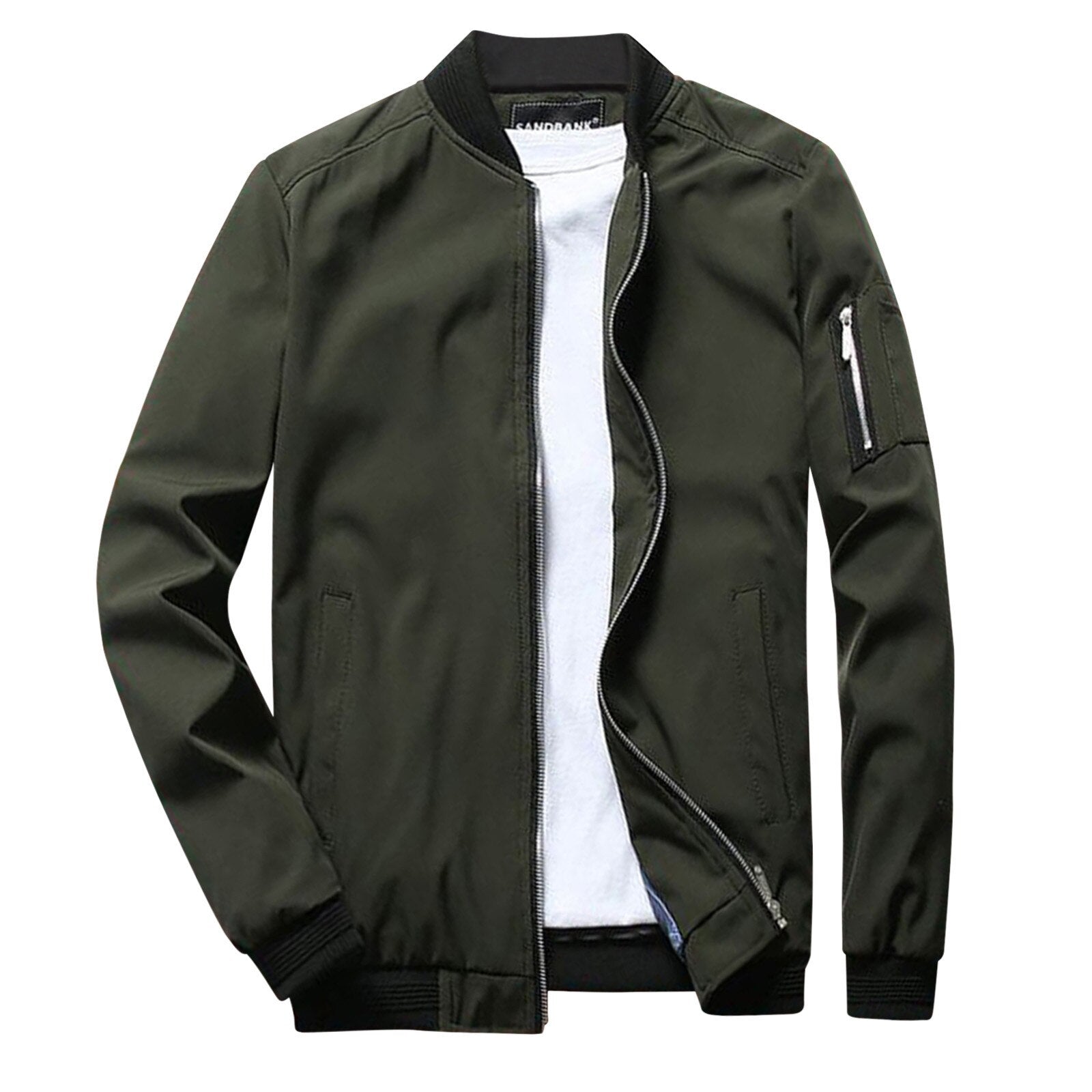 Dunkelgrüne Bomberjacke für Herren, Reißverschluss, seitliche Taschen, modisch, lässig, ideal für Herbst und Frühling, vielseitig kombinierbar.