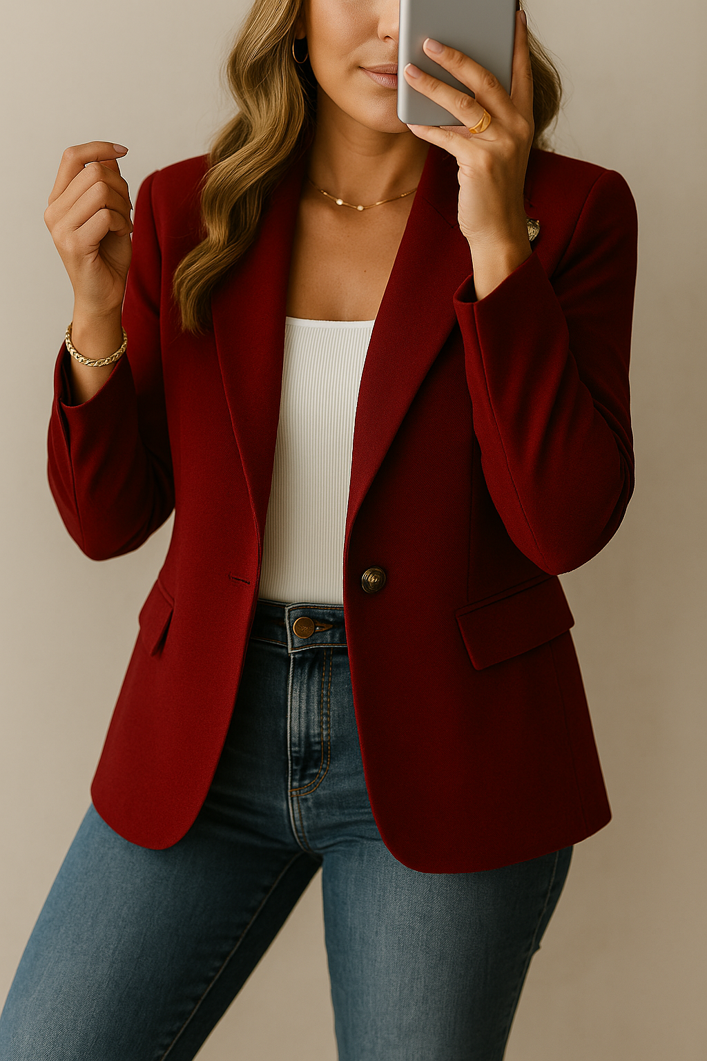 Frau in rotem Blazer und blauer Jeans macht Selfie. Modetrend, Business-Casual-Look, stilvolle Damenbekleidung, Smartphone-Nutzung.