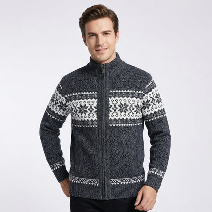 Strickjacke Herren – Nordisches Muster, Hoher Kragen & Reißverschluss
