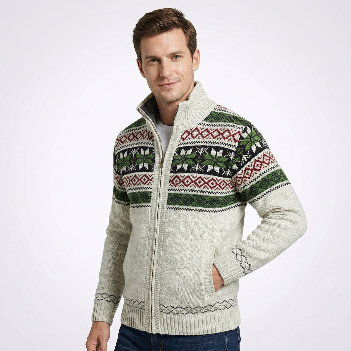Strickjacke Herren – Nordisches Muster, Hoher Kragen & Reißverschluss