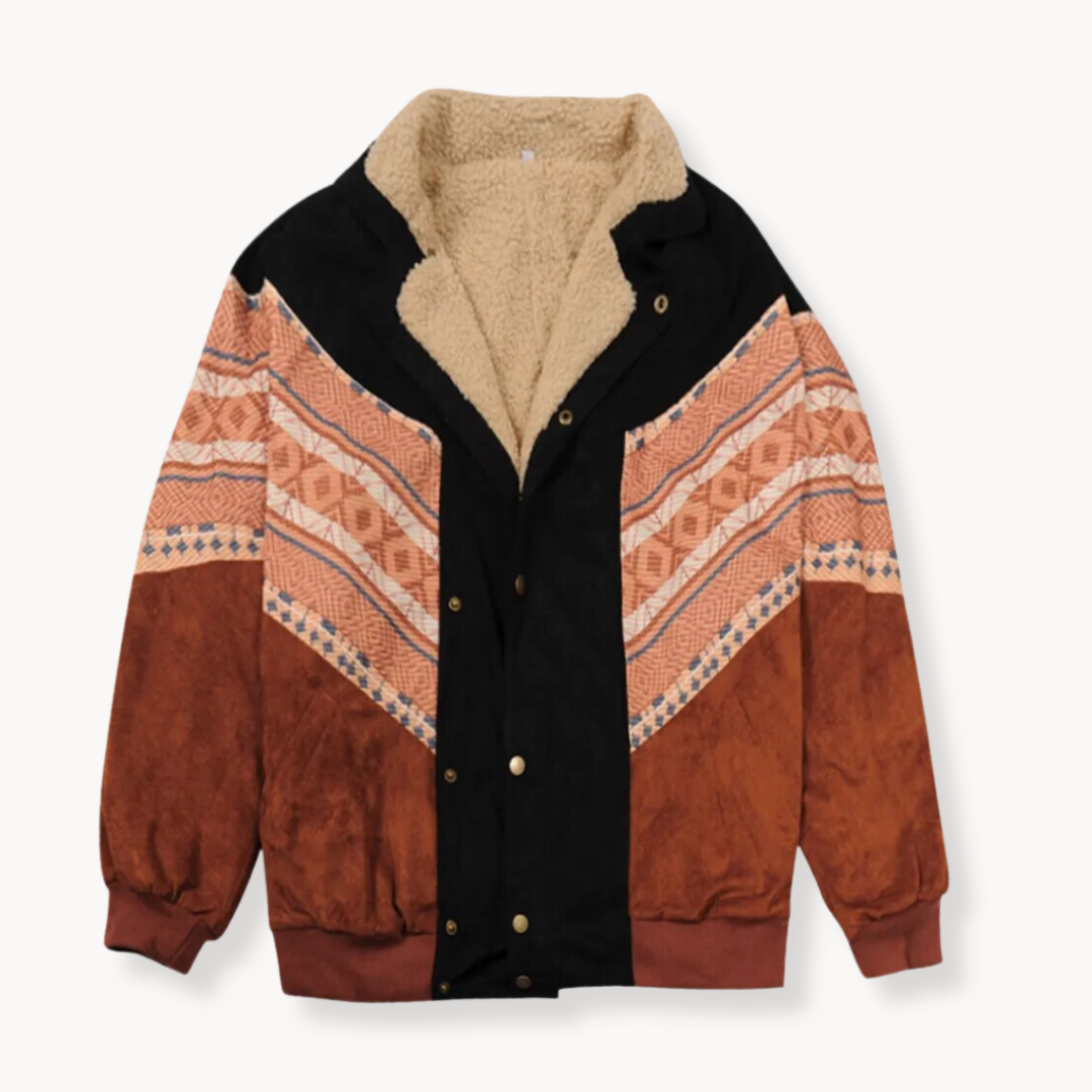 Braune Vintage-Jacke mit Ethno-Muster und Teddyfutter, Knopfleiste, warmes Winterkleidungsstück, modisch und bequem für kalte Tage.