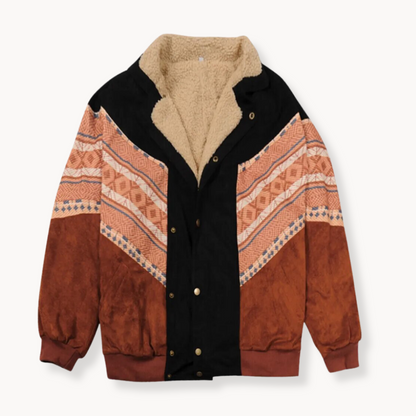 Braune Vintage-Jacke mit Ethno-Muster und Teddyfutter, Knopfleiste, warmes Winterkleidungsstück, modisch und bequem für kalte Tage.