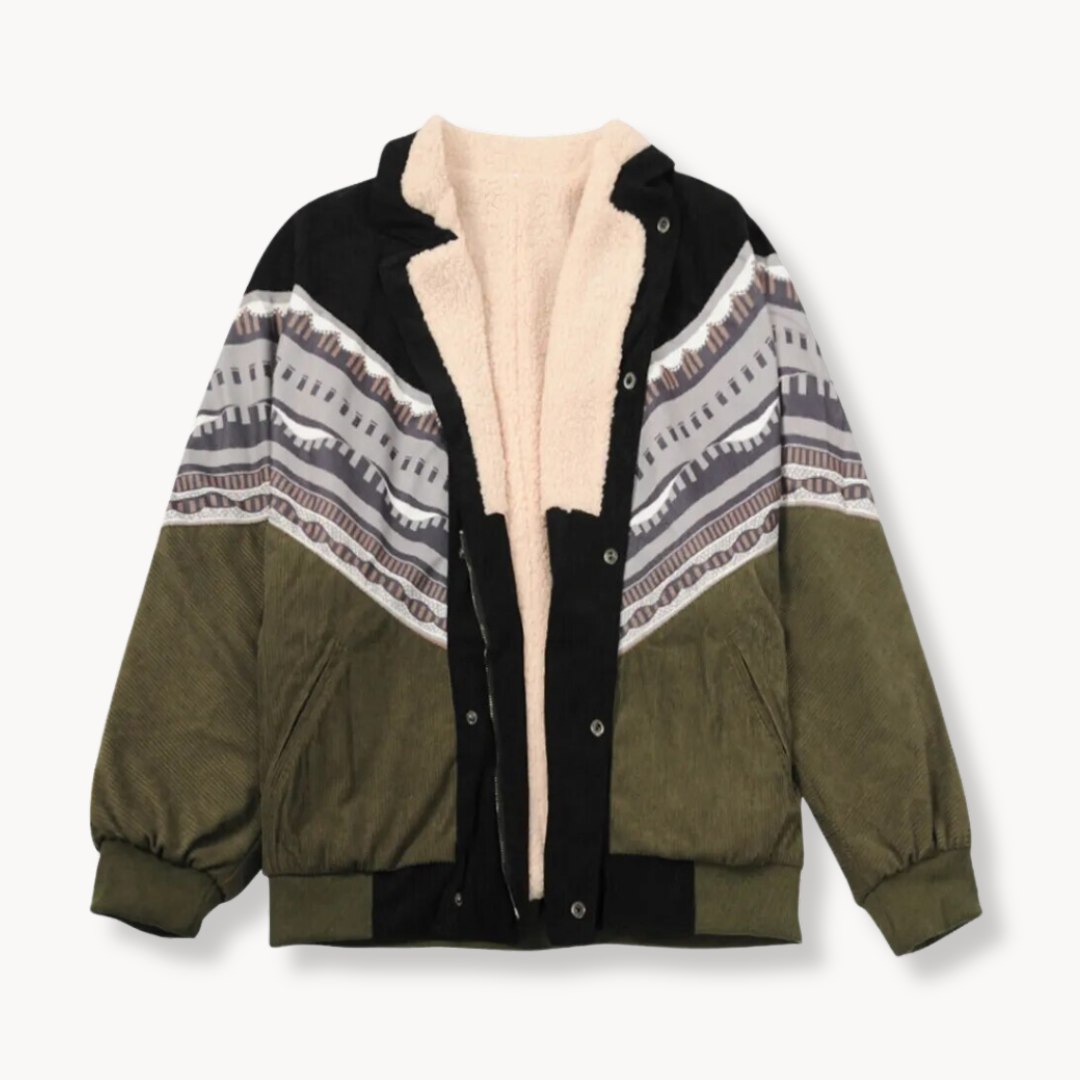 Grüne Winterjacke mit geometrischem Muster und Fleece-Innenfutter, ideal für kalte Tage. Modische Herrenjacke, warm und stilvoll.