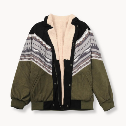 Grüne Winterjacke mit geometrischem Muster und Fleece-Innenfutter, ideal für kalte Tage. Modische Herrenjacke, warm und stilvoll.