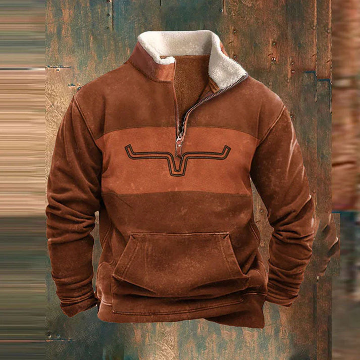 Brauner Herren-Pullover mit Reißverschluss, Stierkopf-Design und Kängurutasche, aus weichem Fleece. Ideal für Herbstmode und Outdoor-Aktivitäten.