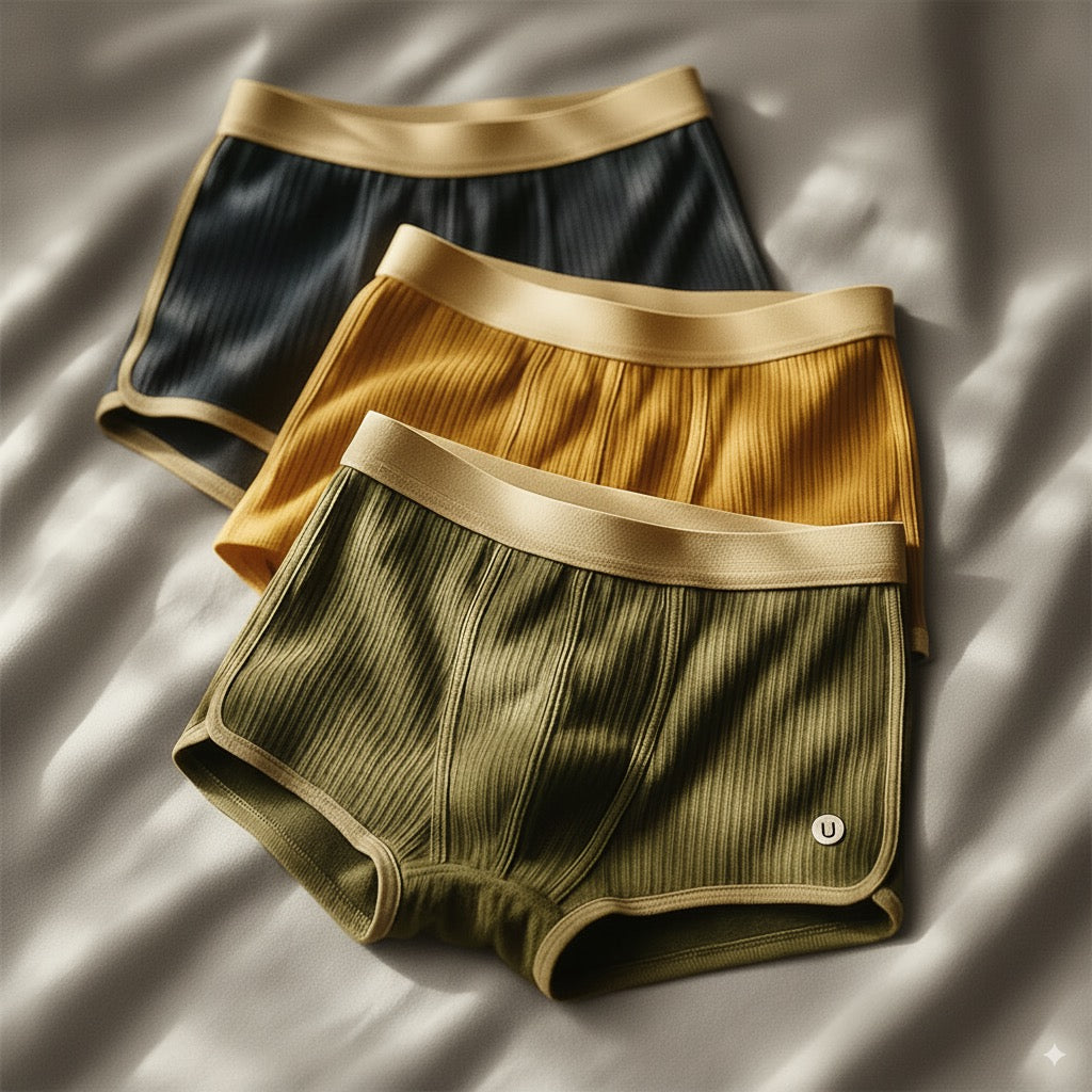 Drei Herren-Boxershorts in Schwarz, Gelb und Grün aus geripptem Stoff auf einem Bett. Bequeme Unterwäsche, stilvoll und modern.