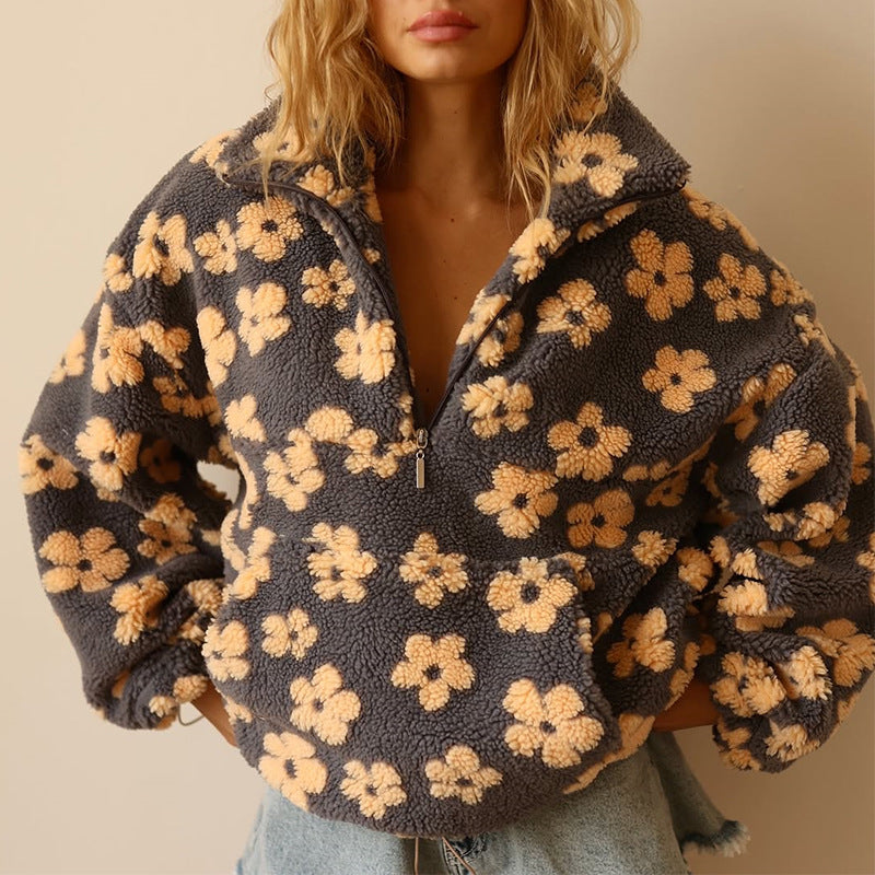 Damen Fleece-Pullover mit Blumenmuster für den Herbst