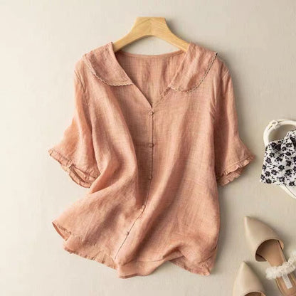 Damen Kurzarm-Bluse mit Wellenkragen und Lockerer Passform