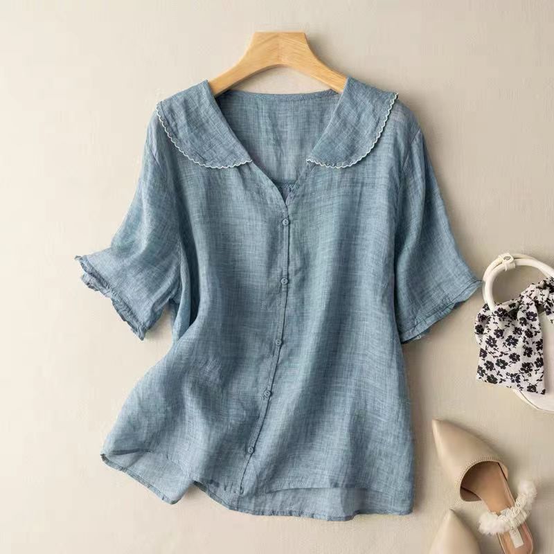 Damen Kurzarm-Bluse mit Wellenkragen und Lockerer Passform