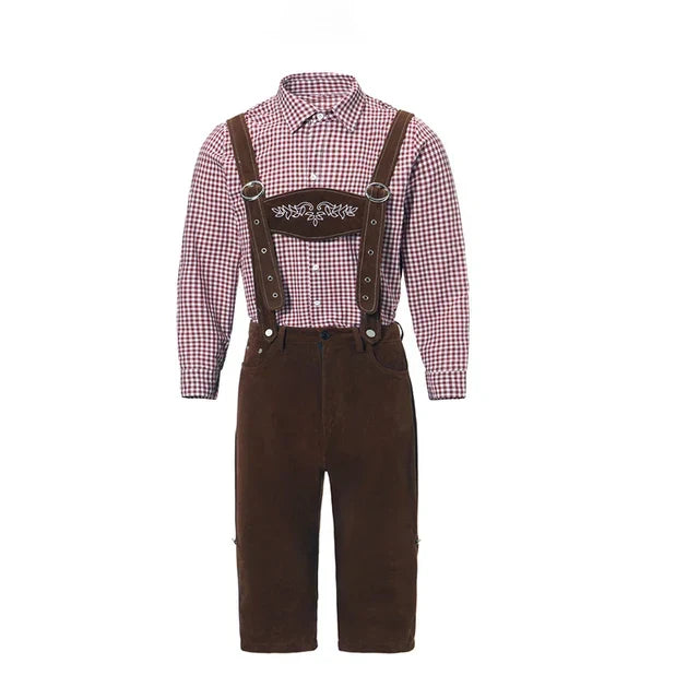 Braune Lederhose mit traditionellem Stickmuster, kombiniert mit kariertem Hemd. Perfektes Oktoberfest-Outfit für Herren, bayerische Tracht.