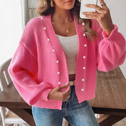 Damen Strickcardigan Mit Perlenknöpfen Und Ballonärmeln