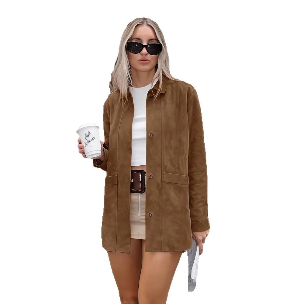Damen Weiche Wildlederjacke mit Praktischen Aufgesetzten Taschen und Elegantem Schnitt – Célinea