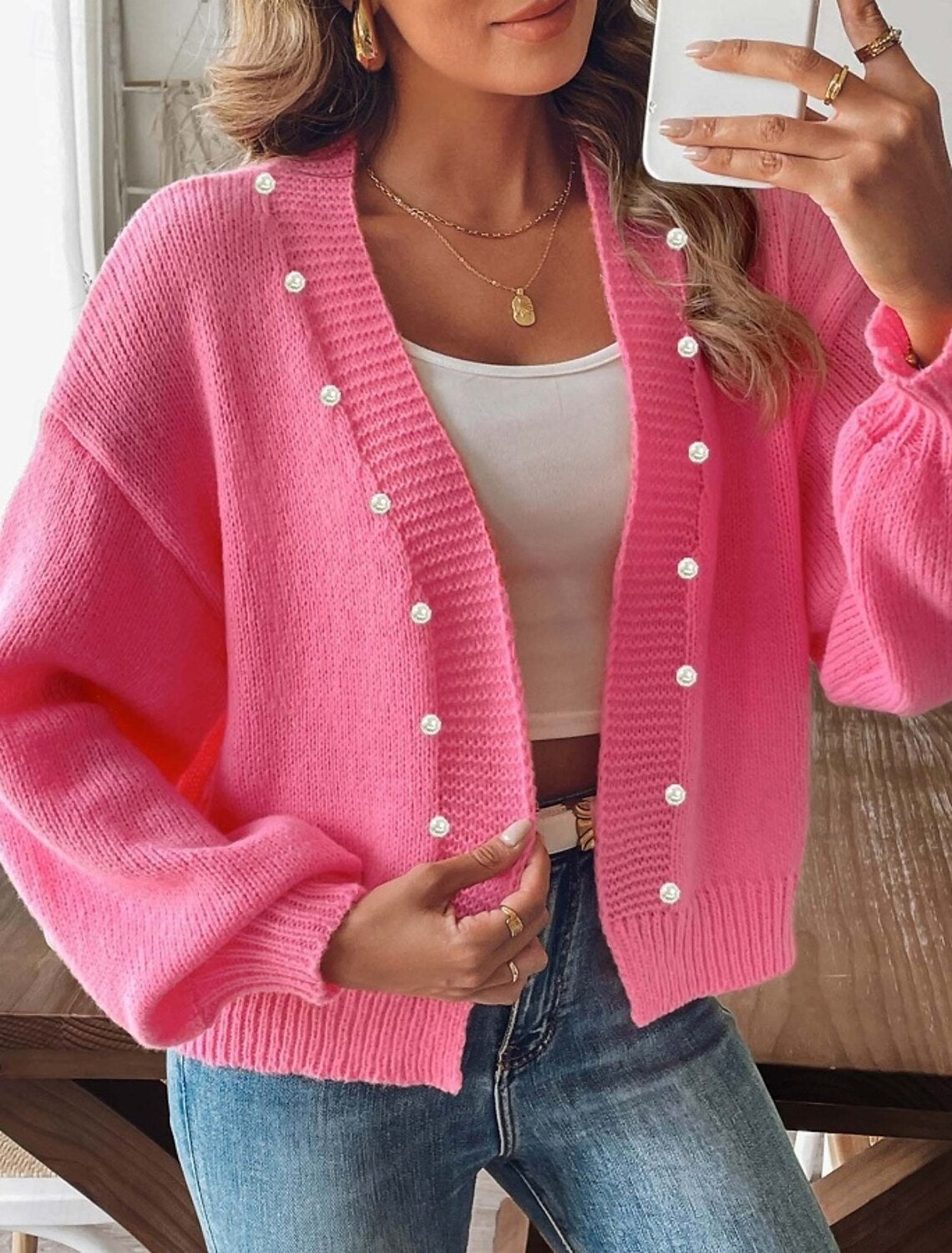 Damen Strickcardigan Mit Perlenknöpfen Und Ballonärmeln