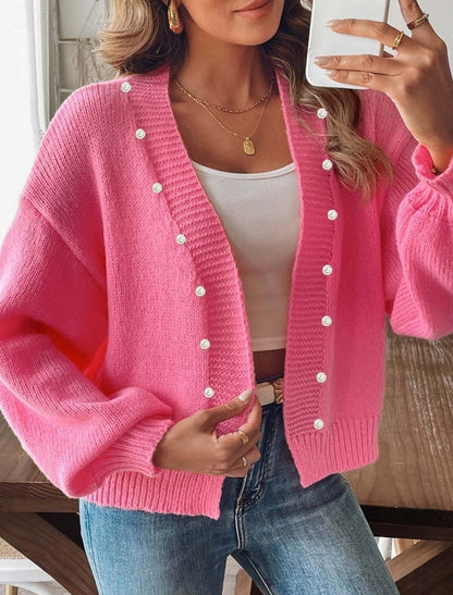 Damen Strickcardigan Mit Perlenknöpfen Und Ballonärmeln