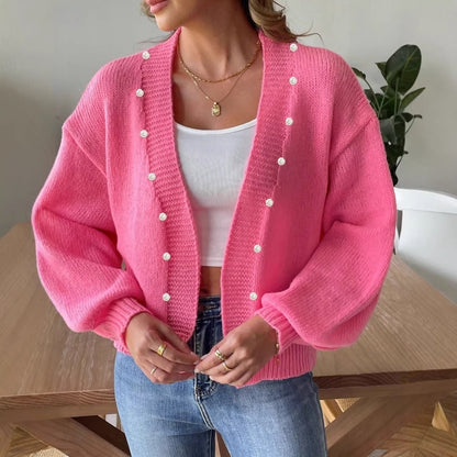 Damen Strickcardigan Mit Perlenknöpfen Und Ballonärmeln