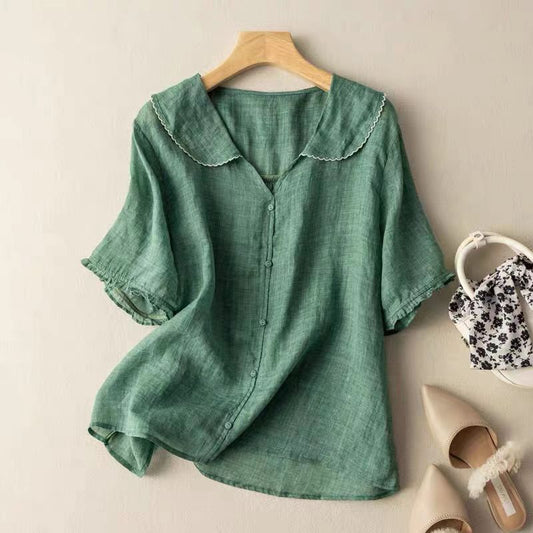 Damen Kurzarm-Bluse mit Wellenkragen und Lockerer Passform
