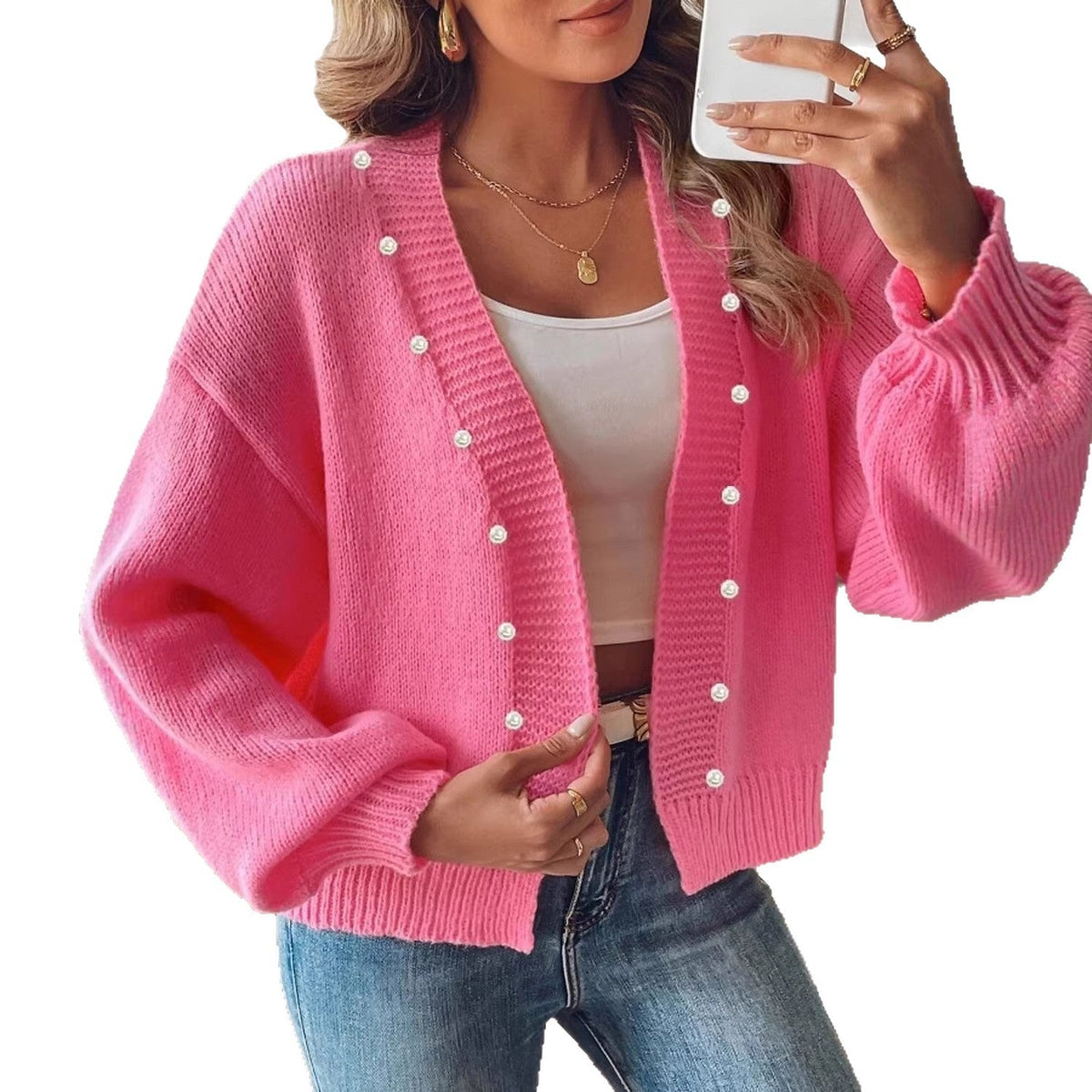 Damen Strickcardigan Mit Perlenknöpfen Und Ballonärmeln