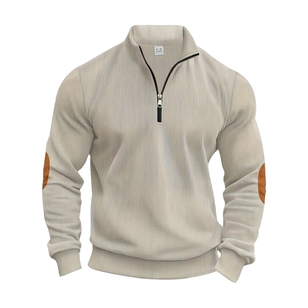 Beiger Herrenpullover mit Reißverschluss und braunen Ellbogen-Patches, modisches Design, langärmlig, ideal für Herbstmode und Freizeitkleidung.