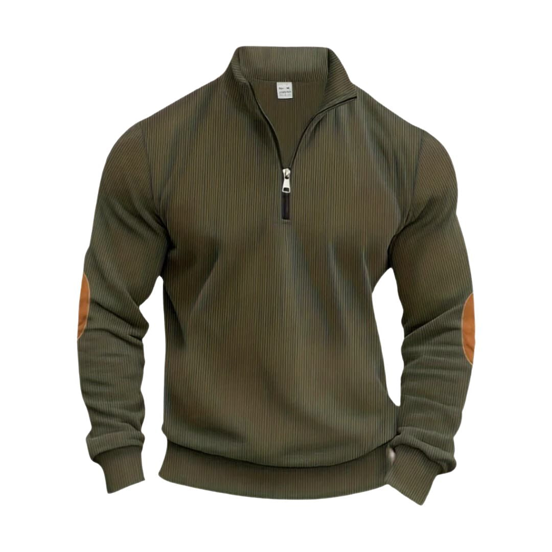 Olivegrüner Herrenpullover mit Reißverschluss und Ellbogen-Patches. Modischer Strickpullover, ideal für Herbst und Winter. Bequem und stilvoll.