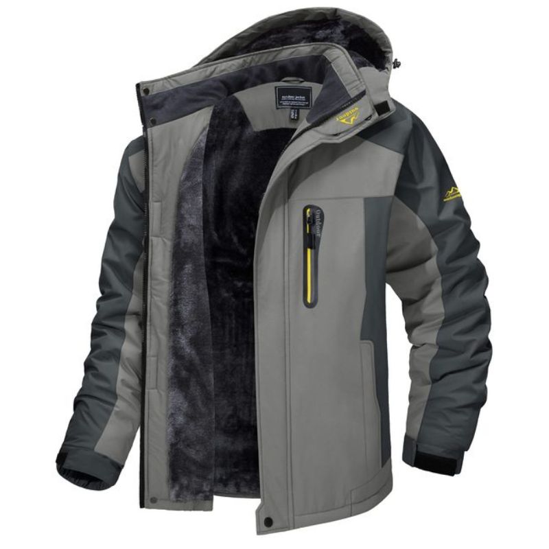 Graue Herren-Winterjacke mit Kapuze, wasserabweisend, winddicht, mit Reißverschlusstasche und Fleece-Innenfutter. Ideal für Outdoor-Aktivitäten.