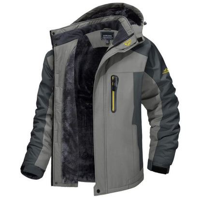 Graue Herren-Winterjacke mit Kapuze, wasserabweisend, winddicht, mit Reißverschlusstasche und Fleece-Innenfutter. Ideal für Outdoor-Aktivitäten.