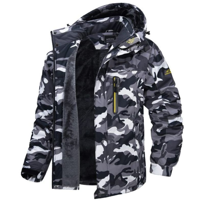 Camouflage Winterjacke für Herren mit Kapuze, wasserdicht, winddicht, warm gefüttert, ideal für Outdoor-Aktivitäten und kaltes Wetter.