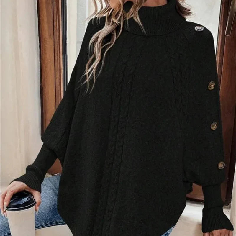Damen Poncho Rollkragen Mit Strukturstrick Und Knopfärmeln