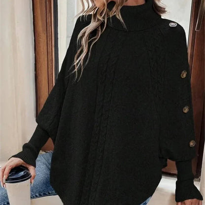 Damen Poncho Rollkragen Mit Strukturstrick Und Knopfärmeln