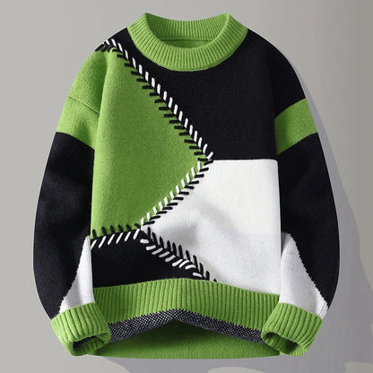 Grüner und schwarzer Patchwork-Pullover mit geometrischem Muster, gestrickt, modisch, warm, ideal für Herbst und Winter, Unisex-Design.