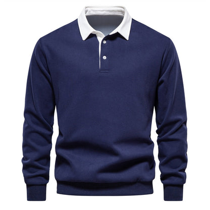 Dunkelblauer Herren-Pullover mit weißem Kragen und Knopfleiste, langärmelig, klassisches Design, ideal für Freizeit- und Business-Looks.