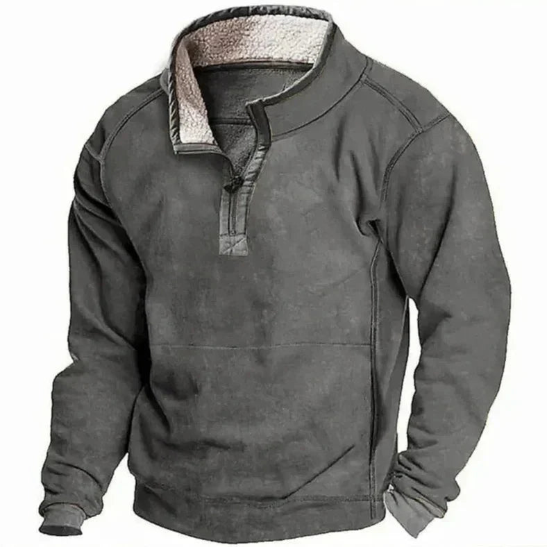 Grauer Herrenpullover mit Reißverschluss und Fleecefutter, warm und modisch, ideal für Herbst und Winter. Bequeme Freizeitkleidung.